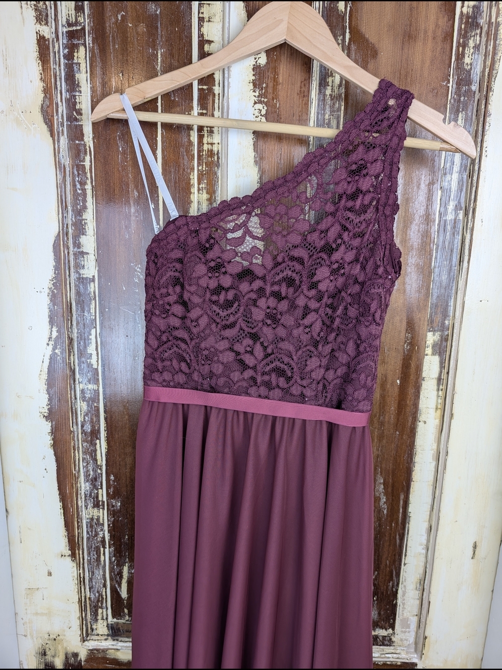 David’s Bridal Burgundy One Shoulder Lace Chiffon Dress Size 6 Evening Bridal - Picture 3 of 11
